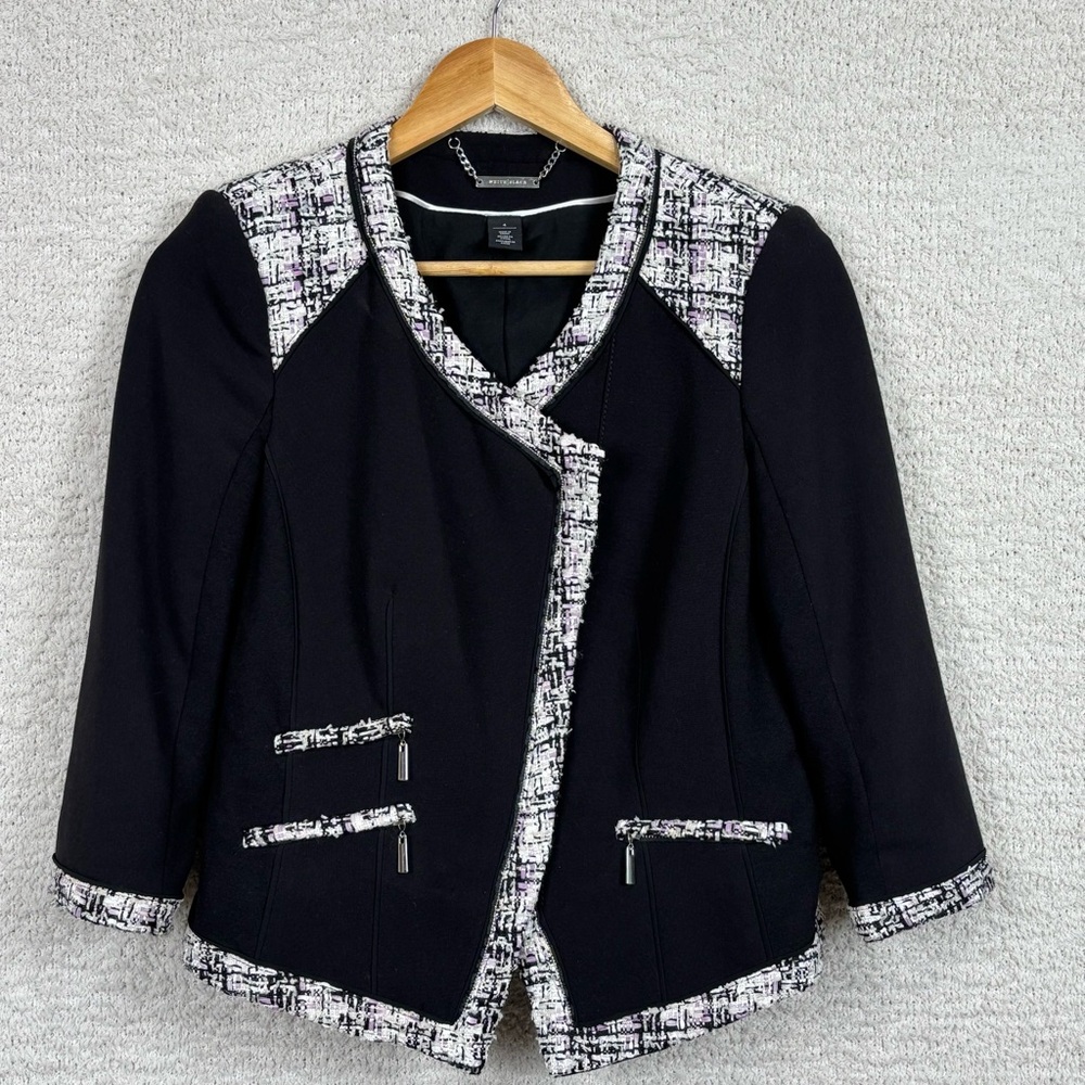 White House Black Market Blazer Womens 4 Black Tweed Trim Asymmetrical Zip Front